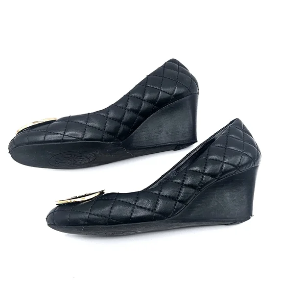 Tory Burch Black Quilted Wedges with Gold Logo - Picture 10 of 15